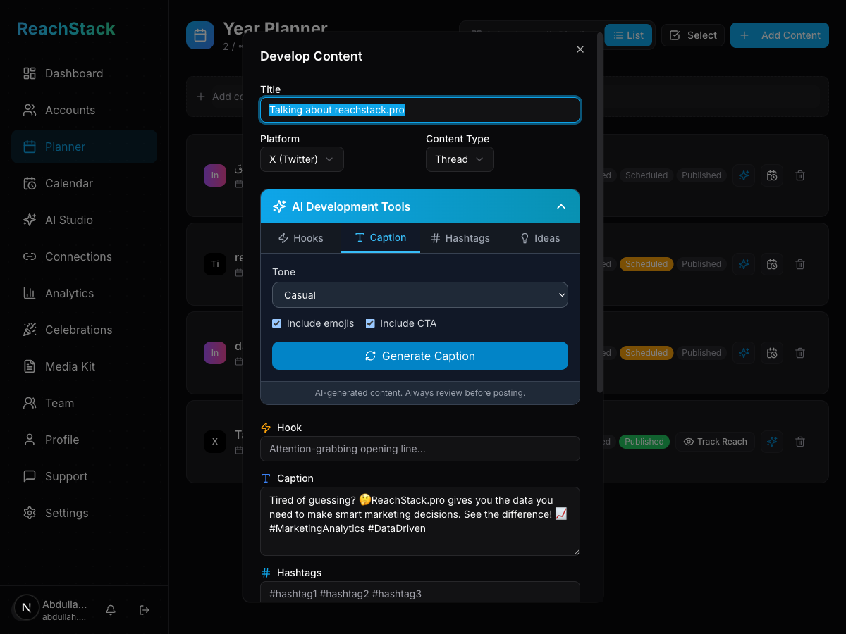 Content card detail modal with duplicate button