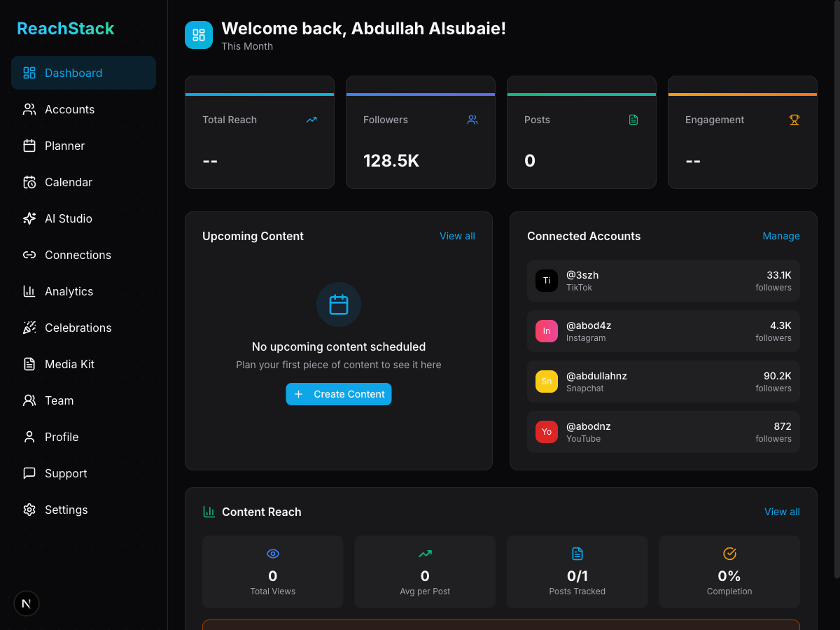 Dashboard stat cards with trending indicators